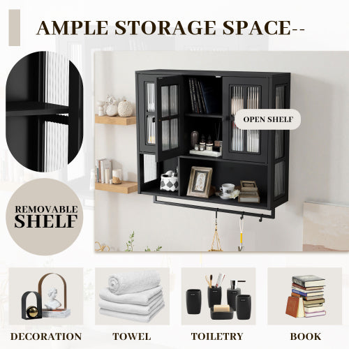 Bathroom Wall Cabinet, 3-Door Wooden Wall Cabinet with Open and Hidden Storage Space, Medicine Cabinet with Glass Door and Towel Bar for Entryway Living Room Bathroom Dining Room,Black