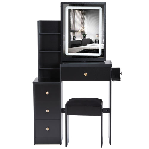 29.2" Small Size Left Bedside Cabinet Vanity Table + Cushioned Stool, 2 AC+2 USB Power Station, Hair dryer bracket, Extra Large Touch Control Sliding LED Mirror, Tri-color Switching, Brightness Adjust