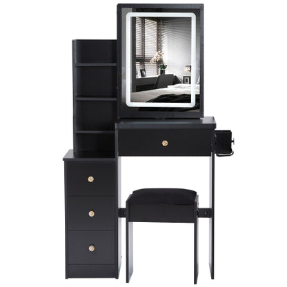 29.2" Small Size Left Bedside Cabinet Vanity Table + Cushioned Stool, 2 AC+2 USB Power Station, Hair dryer bracket, Extra Large Touch Control Sliding LED Mirror, Tri-color Switching, Brightness Adjust