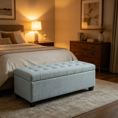 49.75 inch Baby Blue Polyester Tufted Storage Ottoman Bench, 300 LBS Wooden Leg Footrest with Safety Hinge