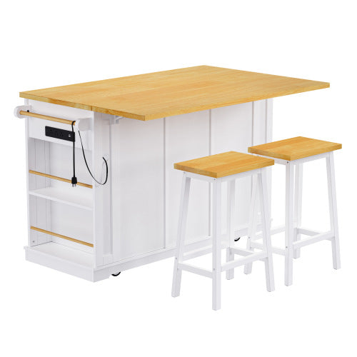 53inch Large Kitchen Island with 2 Bar Stools, Power Outlet,Door Internal Storage Rack, Kitchen Storage Cart on 5 Wheels with Drop Leaf, 5 Open Side Racks, 3 Drawers,White(Three Packages)
