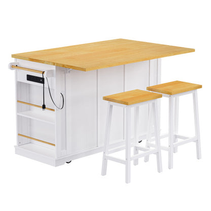 53inch Large Kitchen Island with 2 Bar Stools, Power Outlet,Door Internal Storage Rack, Kitchen Storage Cart on 5 Wheels with Drop Leaf, 5 Open Side Racks, 3 Drawers,White(Three Packages)