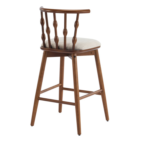 Indoor Wooden Barstool, Walnut Finish With Beige Upholstery, Set of 2