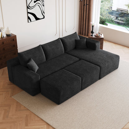 95-Inch Black Plush Corduroy U-Shaped Cloud Sectional Sofa with 2 Ottomans, Deep-Seat Corner Couch No-Assembly for Living-Room