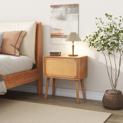 Rotating Hidden Compartment Nightstands, Mid Century Modern Concealment Furniture, Rattan Bed Side Table, Compartment End Table with Wood Legs, Bedside Tables for Bedroom, Living Room, Dorm, Natural