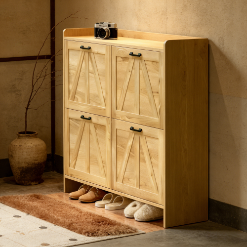 Light Oak Rustic Barn-Door Shoe Cabinet with 4 Flip Drawers, Sleek Space-Saving Entryway Organizer for Living Room