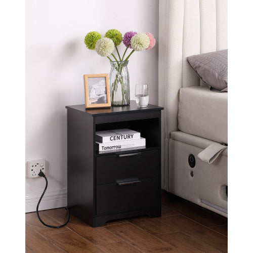 Black Nightstand with Charging Station, 2 Drawers & Open Shelf Wooden Bedroom Side Table