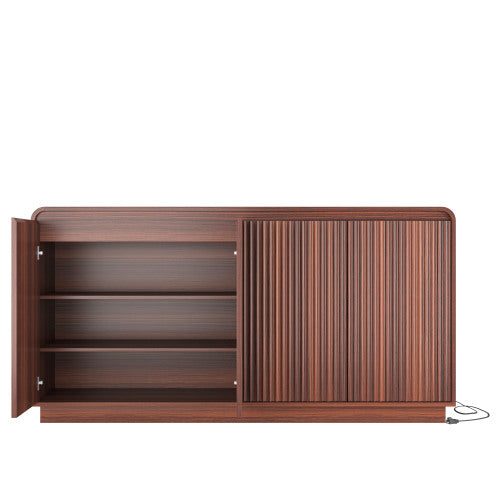 Walnut Handleless Fluted 4-Door TV Stand Built-In Power Outlet Adjustable 3-Tier Storage Cabinet Up To 85 Inch TV