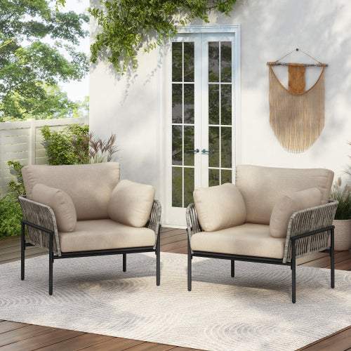 [Set of 2] 36" Beige Iron Lounge Chair with Rope Weave Design and Plush Cushions, Perfect for Indoor and Outdoor Relaxation