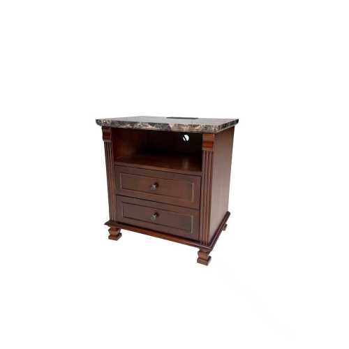 Walnut Tall Nightstand with Charging Station, Marble Grain 2-Drawer Bedside Table for Bedroom & Living Room