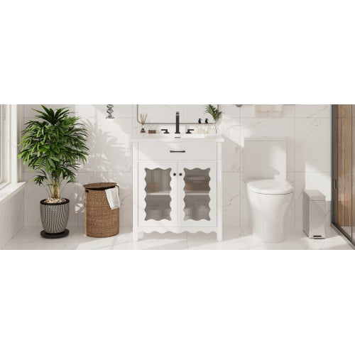 31" Bathroom Vanity with Tempered Glass, Modern Bathroom Cabinet with Rubber Wood legs and Soft close Doors, White