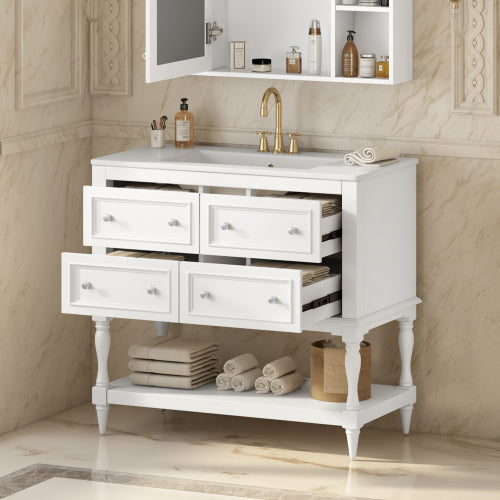 36" Bathroom Vanity Cabinet with Sink Combo Set, Undermount Ceramic Sink, Free Standing Vanity Set with 4 Drawers, Solid Wood Frame Bathroom Cabinet, White