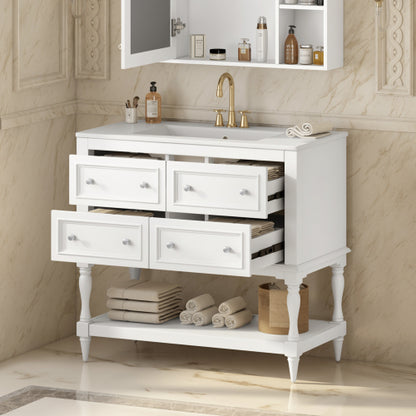 36" Bathroom Vanity Cabinet with Sink Combo Set, Undermount Ceramic Sink, Free Standing Vanity Set with 4 Drawers, Solid Wood Frame Bathroom Cabinet, White