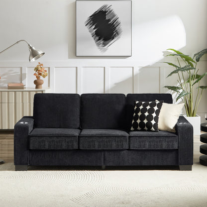 Black 83.86 inch  Corduroy 3Seater Compressed Sofa with Dual CupHolders