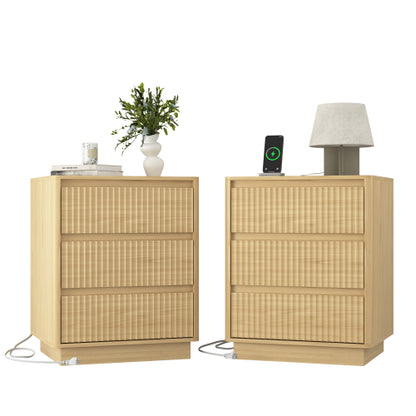 Natural Wood 3-Drawer Nightstand Set with USB-C Charger