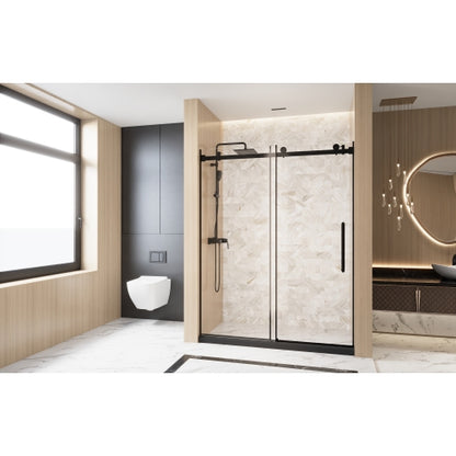 Frameless Single sliding shower door 56-60 "W x 76" H, 1/4 "(6 mm) Clear Tempered Glass, Explosion Proof Film, Stainless Steel Handle Square Tube Track ,Matte Black