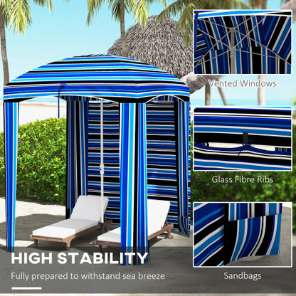 Outsunny 5.9' x 5.9' Portable Beach Umbrella, Ruffled Outdoor Cabana with Walls, Vents, Sandbags, Carry Bag, Blue Stripe
