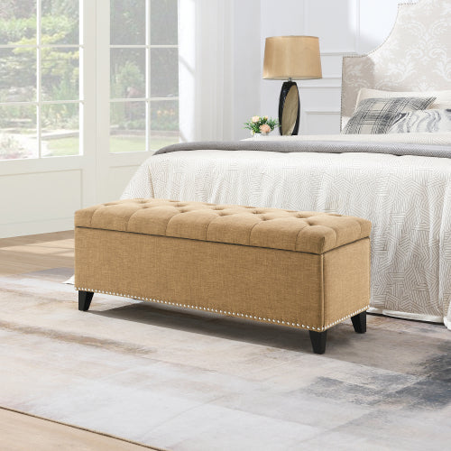 47.5inch  Storage Ottoman, Storage Bench with Safety Close Hinge, Linen Button-Tufted Ottoman for Living Room, Entryway, Hallway, Foot Rest, Support 500lbs - Brown