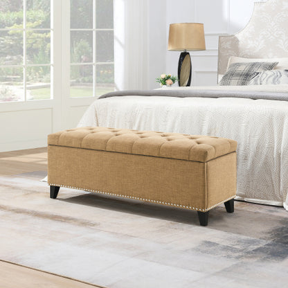 47.5inch  Storage Ottoman, Storage Bench with Safety Close Hinge, Linen Button-Tufted Ottoman for Living Room, Entryway, Hallway, Foot Rest, Support 500lbs - Brown