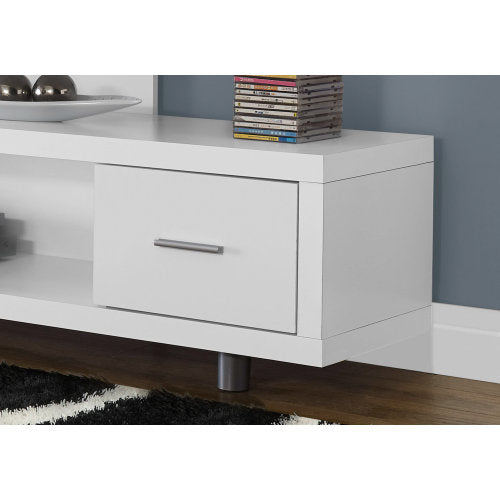 60 Inch Gloss White Art-Deco TV Stand with Right Storage Drawer & Triple Wide Tabletops