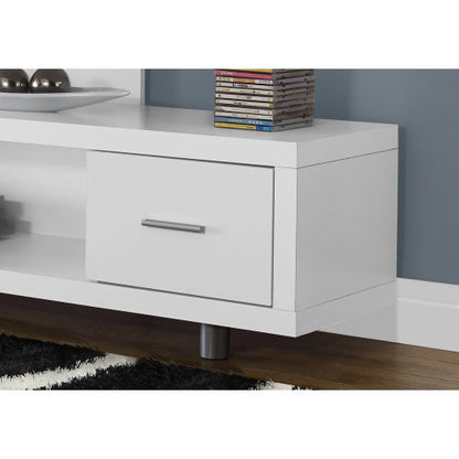 60 Inch Gloss White Art-Deco TV Stand with Right Storage Drawer & Triple Wide Tabletops