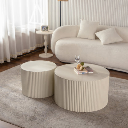 2-Piece Beige Nesting Drum Coffee Table with Wave Stripes