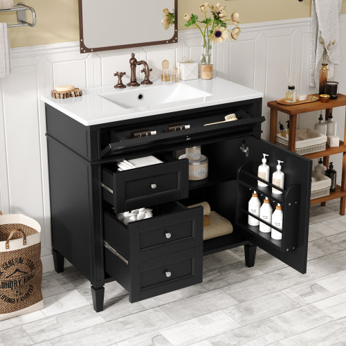 36'' Bathroom Vanity with Top Sink, Modern Bathroom Storage Cabinet with 2 Drawers and a Tip-out Drawer, Single Sink Bathroom Vanity