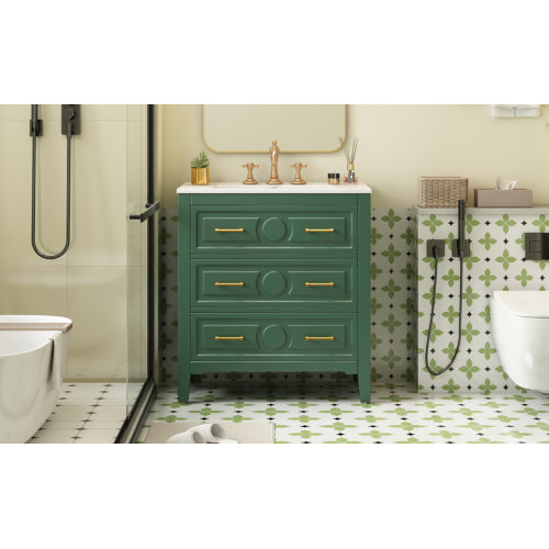 30'' Bathroom Vanity with Ceramic Sink Combo, Free Standing Single Vanity Set with 3 Drawers, Solid Wood Frame Bathroom Storage Cabinet, Green