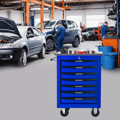 7 Drawers Multifunctional Tool Cart with Wheels Metal Rolling Tool Cart Storage with Stainless Steel Roof Black Blue