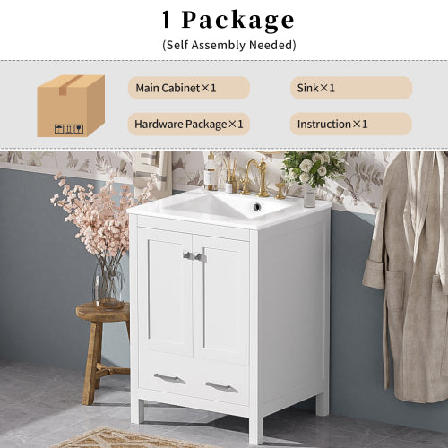 24-inch bathroom vanity with integrated undermount basin and a storage cabinet featuring 2 doors and 1 drawer. Includes double-layer door shelf, soft-close design, and versatile storage solutions