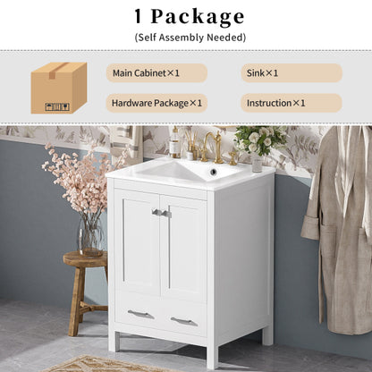 24-inch bathroom vanity with integrated undermount basin and a storage cabinet featuring 2 doors and 1 drawer. Includes double-layer door shelf, soft-close design, and versatile storage solutions