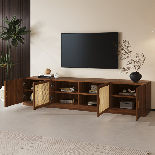 78.7 Inch Walnut TV Stand with Rattan Doors & Adjustable Shelves for 85 Inch TV