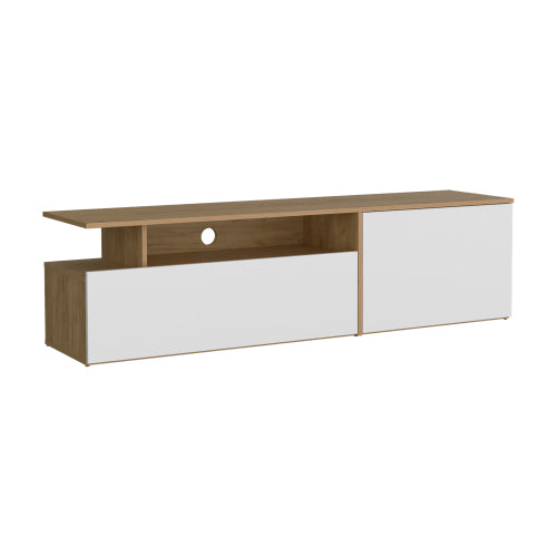 63 Inch Natural Oak White Two-Tone Floating TV Stand with 2 Cabinets & 6 Open Shelves