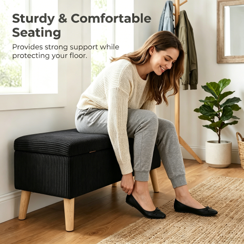 32 inch Corduroy Storage Ottoman Bench with Flip Top & Wood Legs