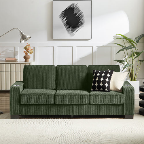 Green 83.86-Inch Modern Compressed 3-Seater Corduroy Sofa with Cup-Holders Removable-Washable Cushions