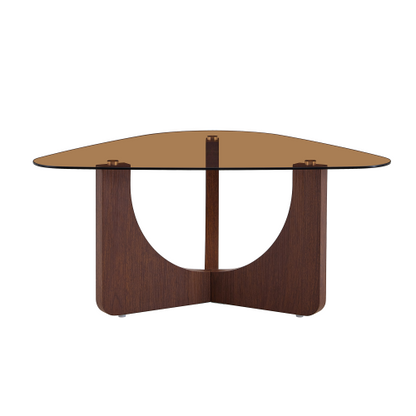 Triangular Tea-Colored Tempered Glass Coffee Table, Walnut MDF Legs