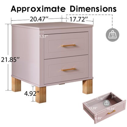 Pink Fluted Nightstand, 2-Drawer Bedside Table with Metal Handles & Solid Wood Legs