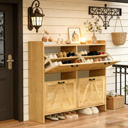 Light Oak Rustic Barn-Door Shoe Cabinet with 4 Flip Drawers, Sleek Space-Saving Entryway Organizer for Living Room