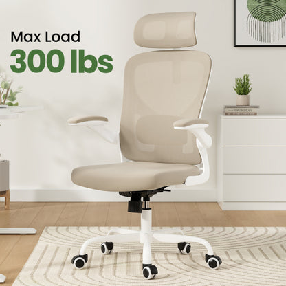 Ergonomic Office Chair, Home Office Desk Chair with Headrest, High Back Computer Chair with Armrests and Adjustable Lumbar Support for Home Office Study Room, White & Khaki