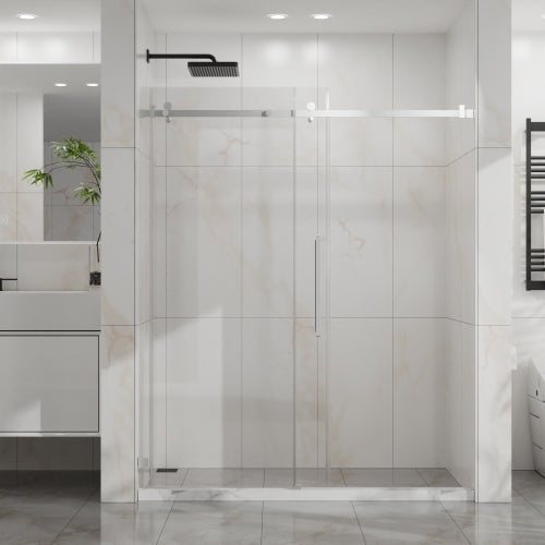 Goodyo Frameless Shower Door, 60" W x 72" H Silent Sleek Sliding Glass Door, 1/4" (6mm) Thick Tempered Clear Glass with Easy-clean Coating, Heavy-Duty 304 Stainless Steel, Chrome