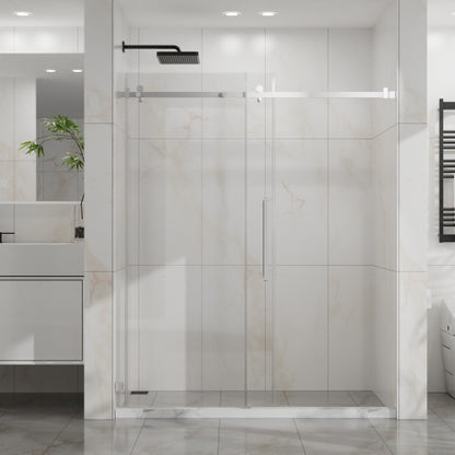 Goodyo Frameless Shower Door, 60" W x 72" H Silent Sleek Sliding Glass Door, 1/4" (6mm) Thick Tempered Clear Glass with Easy-clean Coating, Heavy-Duty 304 Stainless Steel, Chrome
