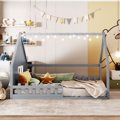 Full Size Wood House Bed with Window and Fence, Gray
