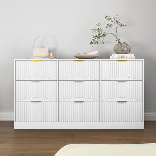 White 9 Drawer Dresser, 63" Large Deep Chest of Drawers, Wooden Dresser Storage Cabinet with 9 Drawers for Bedroom, Long Dressers for Living Room, Hallway, Drawer panel with wavy patterns