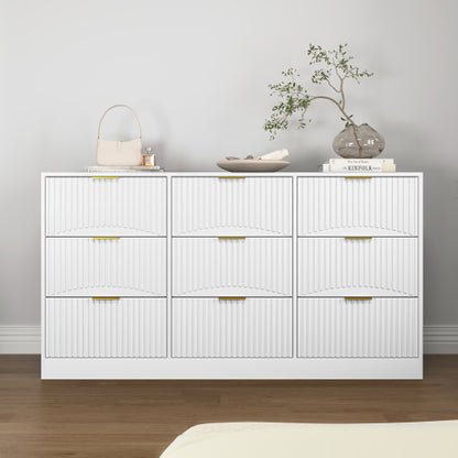 White 9 Drawer Dresser, 63" Large Deep Chest of Drawers, Wooden Dresser Storage Cabinet with 9 Drawers for Bedroom, Long Dressers for Living Room, Hallway, Drawer panel with wavy patterns