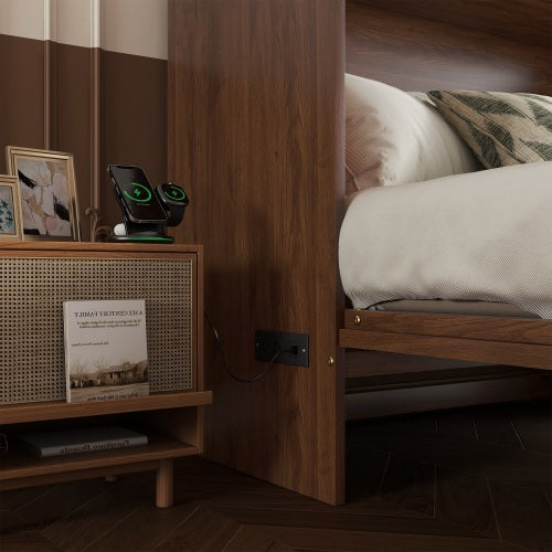 Queen Murphy Cabinet Bed with Charging Station Drawer and Rattan Panels Walnut