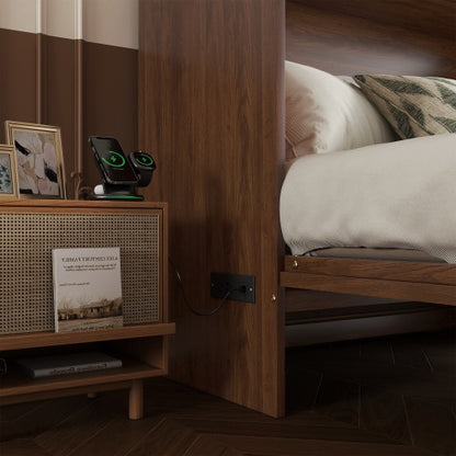 Queen Murphy Cabinet Bed with Charging Station Drawer and Rattan Panels Walnut