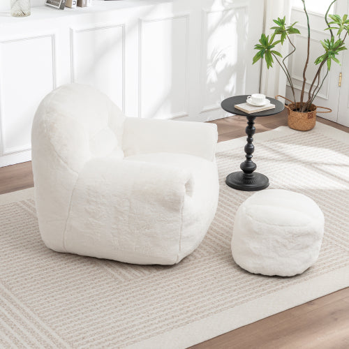 White Faux-Fur Bean Bag Sofa Chair with Back Support & Matching Footstool