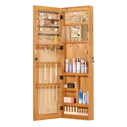 Solid Wood Jewelry Armoire Organizer Cabinet with Full-Length Mirror, 47.5x14.3 in Wall-Mounted Lockable with LED Light