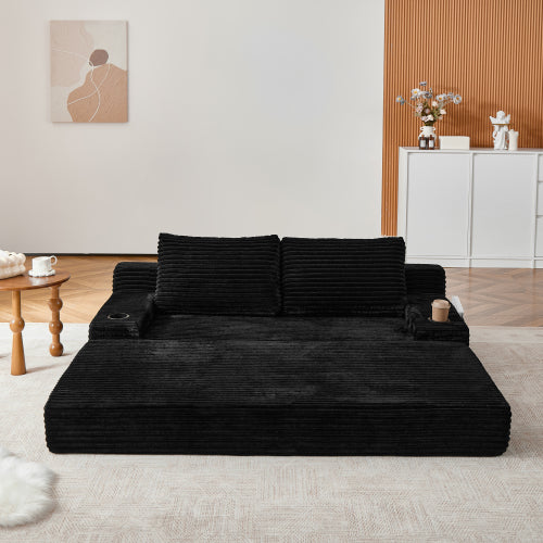 70.8-inch corduroy two-in-one sofa bed, featuring a lounge chair with two throw pillows, built-in cup holders in the armrests, and side storage pockets-ideal for living rooms, bedrooms, and relaxation