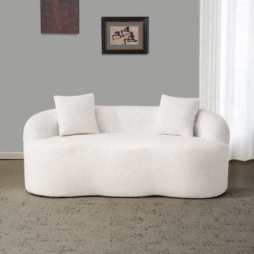 White Curved Compression Loveseat Sofa with 2 Pillows, No Assembly